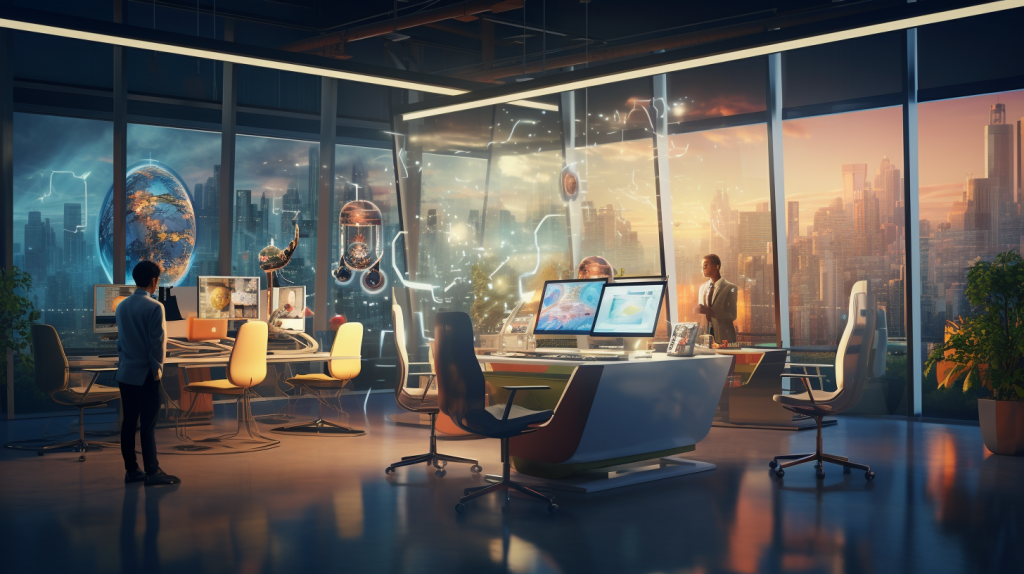 Futuristic workspace with AI